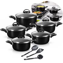 Conjunto de Panelas 5 Caçarolas Alumínio Antiaderente Com Tampa de Vidro 3 Utensílios Conjunto de Panelas 5 Caçarolas Alumínio Antiaderente Com Tampa de Vidro 3 Utensílios