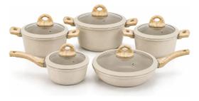 Conjunto De Panelas 5 Peças Cabos Madeirados 5 Tampas Bege - FRIGIGOLD Conjunto De Panelas 5 Peças Cabos Madeirados 5 Tampas Bege - FRIGIGOLD