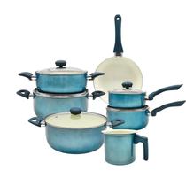 Conjunto De Panelas 7 Peças Cerâmica Genebra Casa ambiente Azul com Tampa De Vidro e Alças Ergonômicas Siliconadas