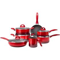 Conjunto De Panelas 7 Peças Cerâmica Genebra Casa ambiente Vermelho com Tampa De Vidro e Alças Ergonômicas Siliconadas Quality House