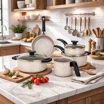 Conjunto de panelas 8 peças teflon antiaderente com espatulas Bege Marfim