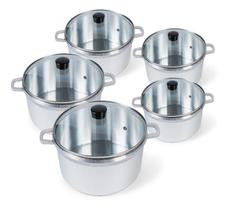 Conjunto De Panelas Alumínio Fundido Polida Tampa Vidro Cava 5pc