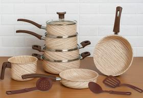 Conjunto de Panelas Antiaderente 10 Peças D'Itália Linha Sahara Com tampa de vidro e Utensílios