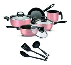 Conjunto de Panelas Antiaderente Rosa 5 peças + 3 utensílios