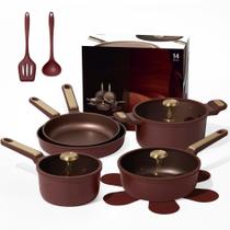 Conjunto de Panelas CAROTE Antiaderente, 14 Peças, Livre de Tóxicos e PFOA & PFOS, Compatível com Lava-louças, Utensílios para RV/Camping, Panelas com Tampas, Vermelho Vinho