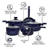 Conjunto De Panelas Em Cerâmica Antiaderente 3mm Azul Haüskraft Diamond