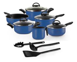 Conjunto De Panelas Kit 09 Peças Azul Com Tampa De Vidro