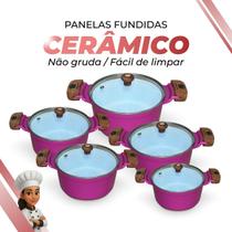 Conjunto De Panelas Revestimento Cerâmico Branco Antiaderente 5 Peças Alumínio fundido Rosa Tampa De Vidro