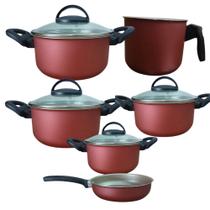 Conjunto de Panelas Teflon Antiaderente 06 Peças Tampa De Vidro Cor Vermelho