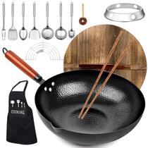 Conjunto de panelas Wok em aço carbono de 14 peças para fogões de indução Conjunto de panelas Wok em aço carbono de 14 peças para fogões de indução