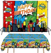 Conjunto de pano de fundo de festa e toalhas de mesa Kailinst Superhero Theme