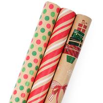Conjunto de papel de embrulho LaRibbons Kraft Christmas 3 Rolls Conjunto de papel de embrulho LaRibbons Kraft Christmas 3 Rolls