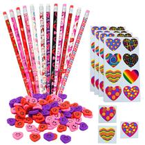 Conjunto de Papelaria Dia dos Namorados 4E's Novelty Infantil - 36 Lápis, 36 Borrachas e 104 Adesivos
