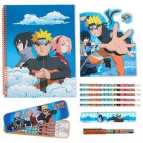 Conjunto de papelaria Naruto com lápis de cor, estojo de lata