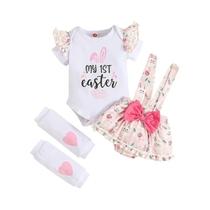 Conjunto De Páscoa Para Bebê Menina: Macacão Com Estampa De Coelho, Vestido Com Franjas E Protetores