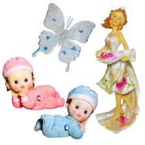 Conjunto de Peças Decorativas: Noiva, Bebês Azul/Rosa, Borboleta com Glitter Conjunto de Peças Decorativas: Noiva, Bebês Azul/Rosa, Borboleta com Glitter