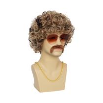 Conjunto De Peruca Masculina Disco Anos 70/80 Com Bigode, Óculos, Colar De Lobo, Corrente Dourada E Conjunto De Peruca Masculina Disco Anos 70/80 Com Bigode, Óculos, Colar De Lobo, Corrente Dourada E