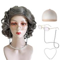 Conjunto de perucas de cosplay curtas em cinza encaracolado para mulheres, estilo vovó Conjunto de perucas de cosplay curtas em cinza encaracolado para mulheres, estilo vovó