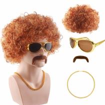 Conjunto de perucas de cosplay estilo afro marrom encaracolado com óculos de sol e bigode