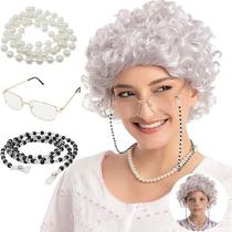 Conjunto de perucas de cosplay Old Lady Short Curly Silver para crianças/adultos Conjunto de perucas de cosplay Old Lady Short Curly Silver para crianças/adultos