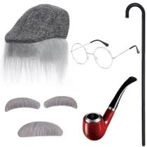 Conjunto de perucas de cosplay para homem velho com chapéu, barba, sobrancelhas e cachimbo
