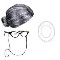 Conjunto de perucas Granny, cabelo sintético com coque cinza para festa de cosplay Conjunto de perucas Granny, cabelo sintético com coque cinza para festa de cosplay