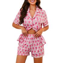 Conjunto de pijama Ammiko Monkey Beach de manga curta rosa para mulheres