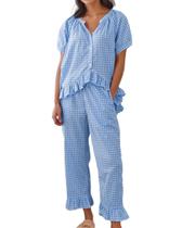 Conjunto de pijama codcm feminino de guingão, manga curta, azul claro Conjunto de pijama codcm feminino de guingão, manga curta, azul claro