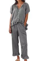 Conjunto de pijama codcm feminino de guingão, manga curta, preto (M)