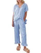 Conjunto de pijama COZYPOIN de algodão guingão, 2 peças para mulheres, azul-GG Conjunto de pijama COZYPOIN de algodão guingão, 2 peças para mulheres, azul-GG