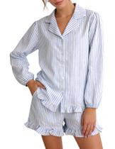 Conjunto de pijama COZYPOIN feminino em popeline de algodão listrado azul