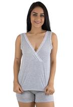 Conjunto de Pijama Curto Feminino Baby Doll Cinza Mescla Detalhe em Renda Malha