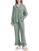 Conjunto de pijama de algodão Kissonic Gingham de manga comprida para mulheres Conjunto de pijama de algodão Kissonic Gingham de manga comprida para mulheres