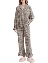 Conjunto de pijama de algodão Kissonic Gingham de manga comprida para mulheres