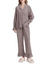 Conjunto de pijama de algodão xadrez Flygo Gingham para mulheres Coffee XS