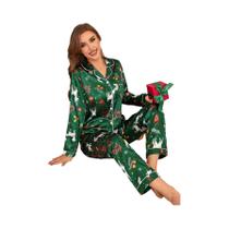 Conjunto De Pijama De Cetim Com Estampa De Rena De Natal Para Adultos, Manga Longa, Poliéster E Conjunto De Pijama De Cetim Com Estampa De Rena De Natal Para Adultos, Manga Longa, Poliéster E