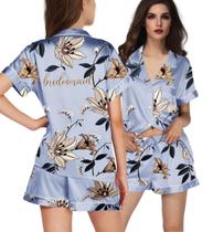 Conjunto de pijama de cetim floral de seda Wing Yi Jia para mulheres e noivas
