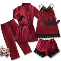 Conjunto De Pijama De Cetim Rosa Para Mulheres, Vestido De Noite Sexy Com Renda E Calças, Robe De