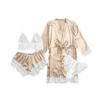 Conjunto De Pijama De Renda E Cetim Feminino 4 Peças Roupa De Dormir De Seda Robe Sexy Confortável Conjunto De Pijama De Renda E Cetim Feminino 4 Peças Roupa De Dormir De Seda Robe Sexy Confortável
