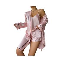 Conjunto De Pijama De Seda Para Mulheres Com 3 Peças, Camisola, Shorts E Robe, Luxuoso Para Outono E