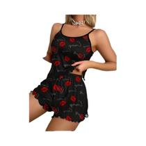 Conjunto De Pijama De Verão Com Estampa De Lábios Vermelhos Para Mulheres, Top Cami Com Decote