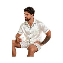 Conjunto De Pijama De Verão Masculino Em Cetim Com Camisa De Manga Curta E Calças Curtas 2 Peças