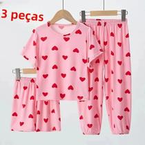 Conjunto De Pijama De Verão Para Meninas Com Manga Curta 3 Peças Confortáveis E Finas Com Calças E Conjunto De Pijama De Verão Para Meninas Com Manga Curta 3 Peças Confortáveis E Finas Com Calças E