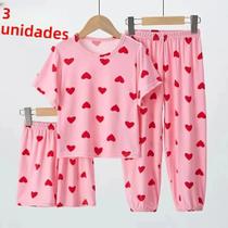 Conjunto De Pijama De Verão Para Meninas Com Manga Curta 3 Peças Confortáveis E Finas Com Calças E Conjunto De Pijama De Verão Para Meninas Com Manga Curta 3 Peças Confortáveis E Finas Com Calças E