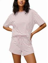 Conjunto de pijama e shorts femininos listrados de manga curta AIHUKOCY Conjunto de pijama e shorts femininos listrados de manga curta AIHUKOCY