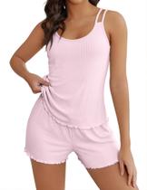 Conjunto de pijama Ekouaer, camiseta regata feminina de malha canelada e shorts rosa Conjunto de pijama Ekouaer, camiseta regata feminina de malha canelada e shorts rosa