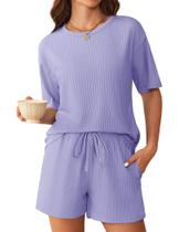 Conjunto de pijama Ekouaer Ribbed Knit Lounge, lilás, shorts femininos