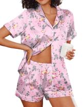 Conjunto de pijama Ekouaer, seda, cetim, manga curta, botão feminino, GG