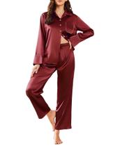 Conjunto de pijama Ekouaer Silk para mulheres, cetim com botões, vinho tinto Conjunto de pijama Ekouaer Silk para mulheres, cetim com botões, vinho tinto