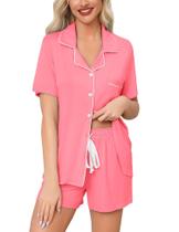 Conjunto de pijama feminino Anjue com botões, manga curta de duas peças Conjunto de pijama feminino Anjue com botões, manga curta de duas peças